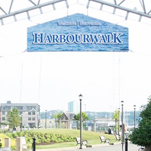 Harbour Walk sign on waterfront in downtown Halifax