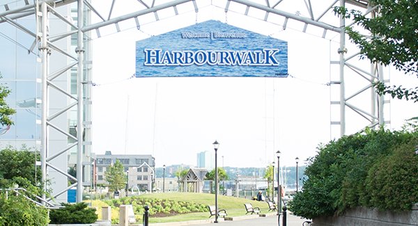 Harbour Walk sign on waterfront in downtown Halifax